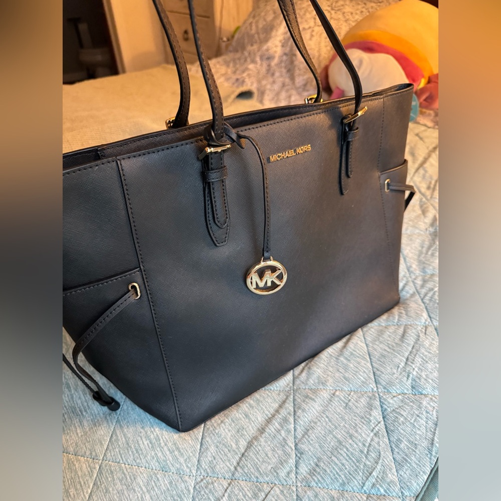Michael Kors Black Leather Tote with Gold Hardware